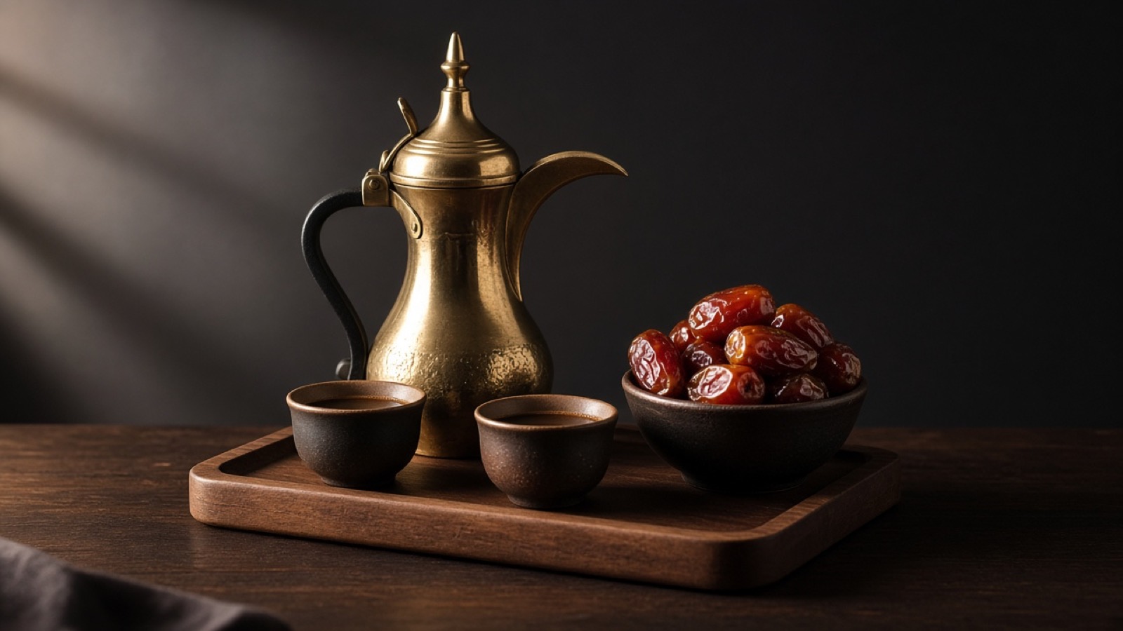 دلة قهوة عربية وفناجين وتمر